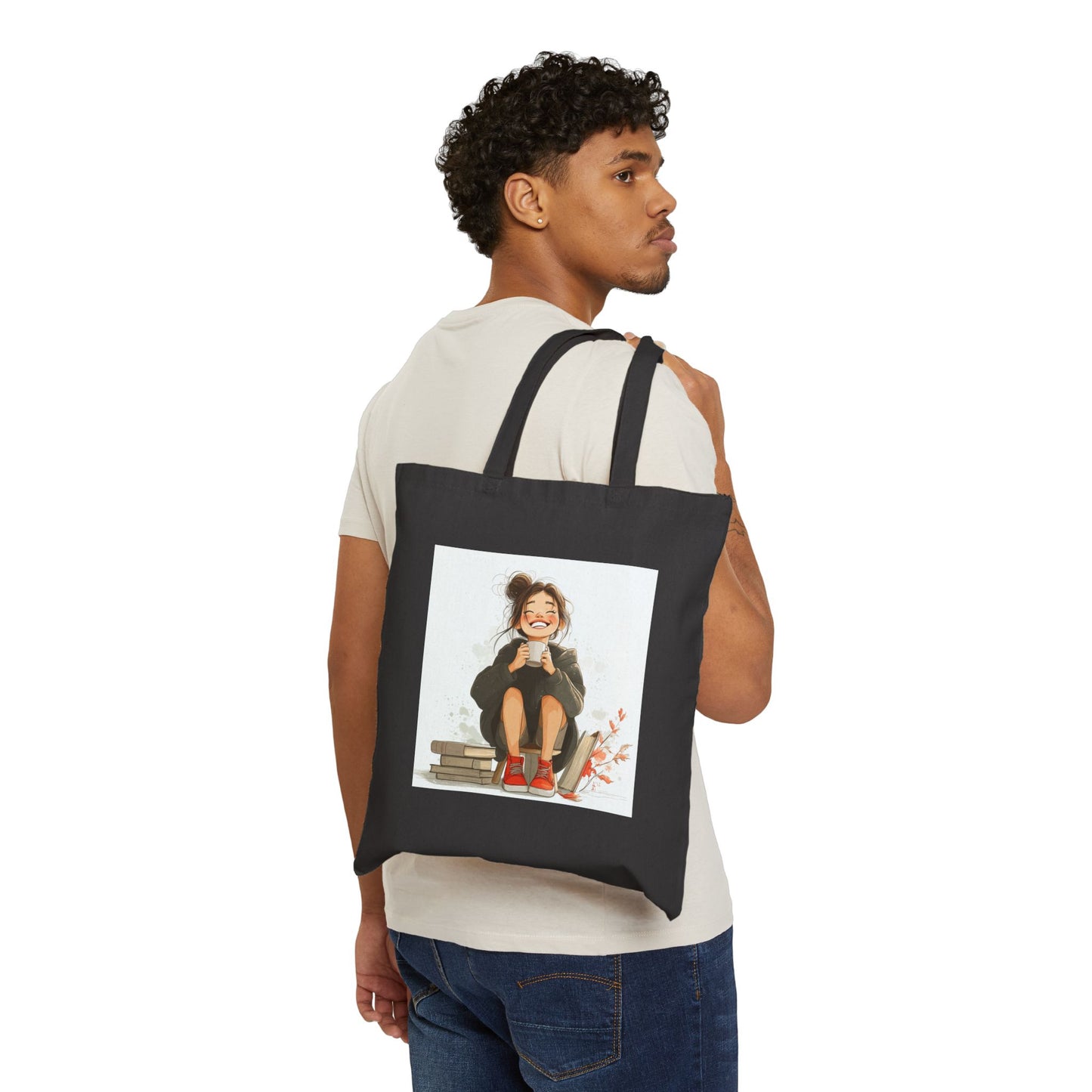 Girl with Coffee Cotton Canvas Tote Bag
