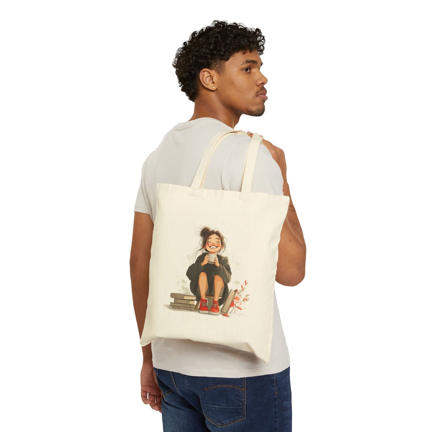 Girl with Coffee Cotton Canvas Tote Bag